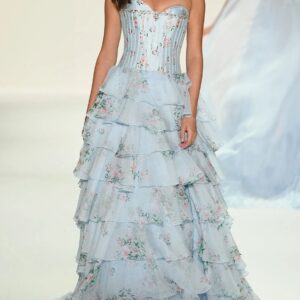 Corset bodice ,ruffle skirt A-line evening dress.