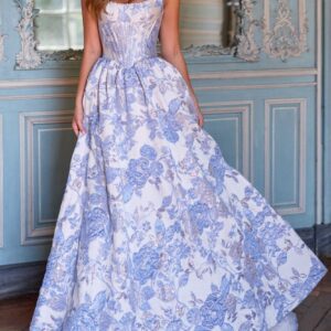 A-Line evening dress with pattern and pearl detail