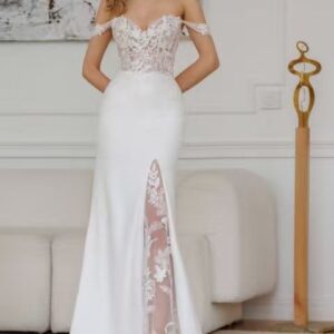 (Rental) Lorraine, off shoulder mermaid wedding dress with lace detail and side slit.