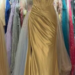 Gold satin off-shoulder evening dress