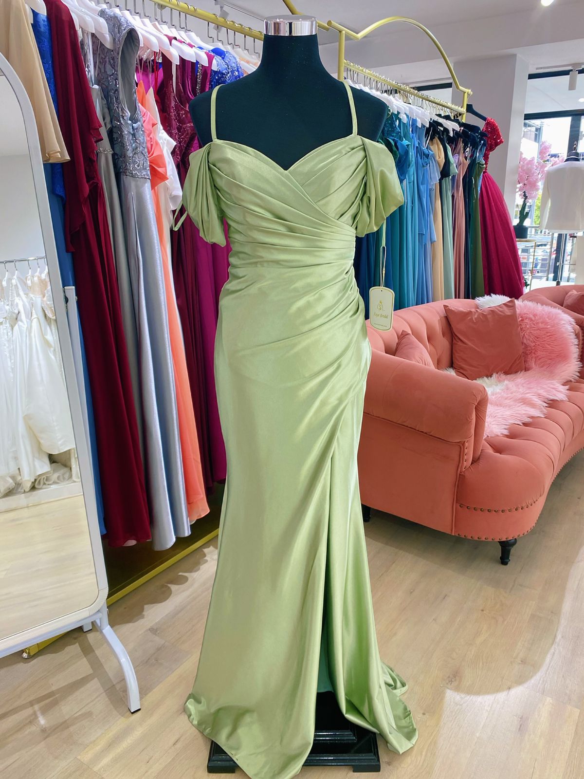 Satin bridesmaid evening dress.