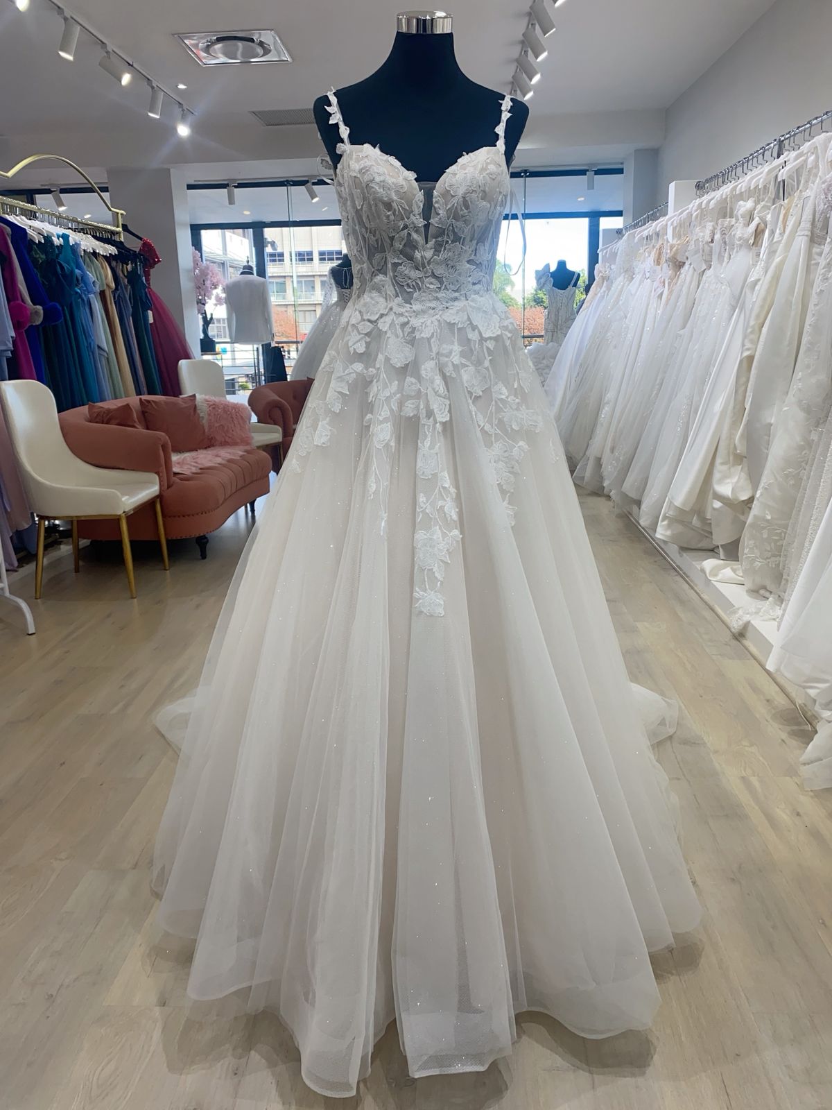 Paris , blush pink lace detailed tulle ballgown wedding dress