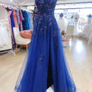 Navy blue sparkling A-line evening dress