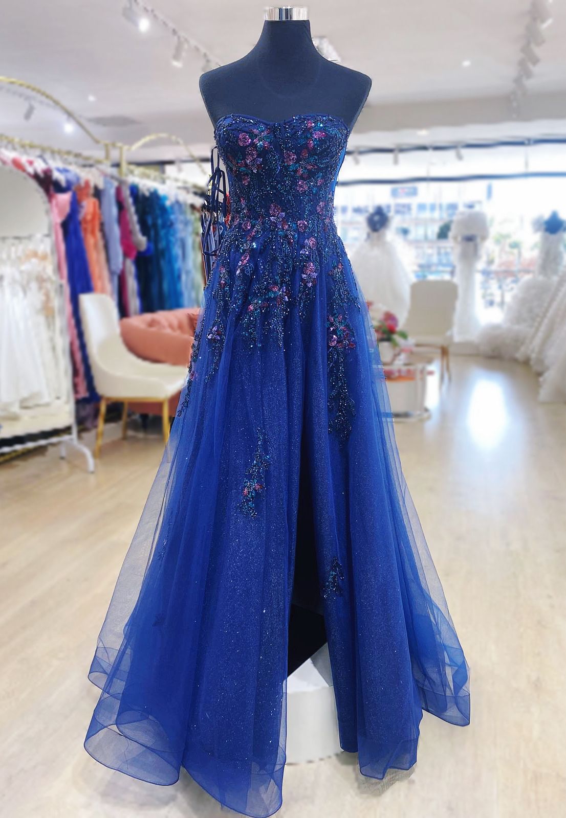 Navy blue sparkling A-line evening dress