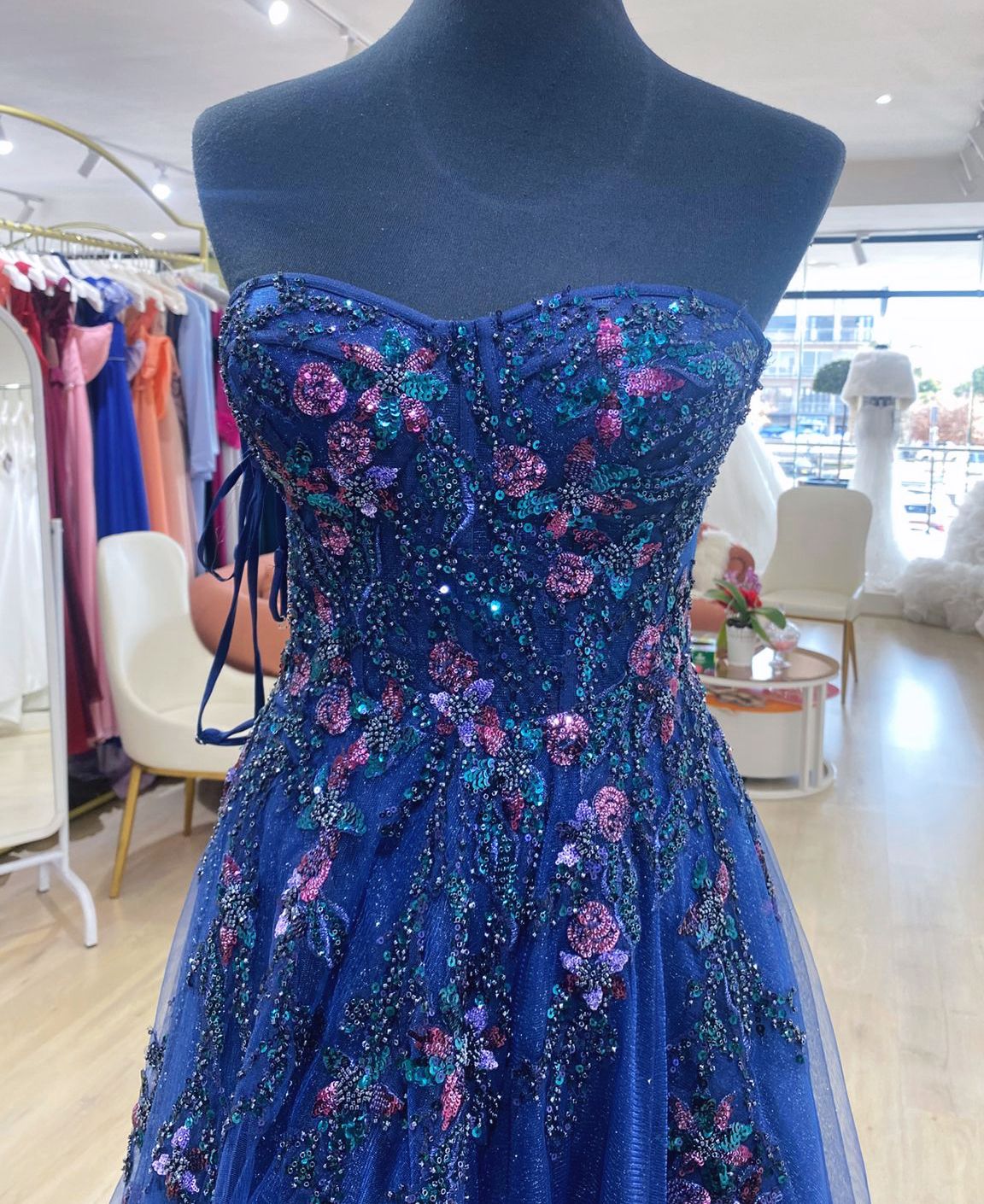 Navy blue sparkling A-line evening dress - Image 3