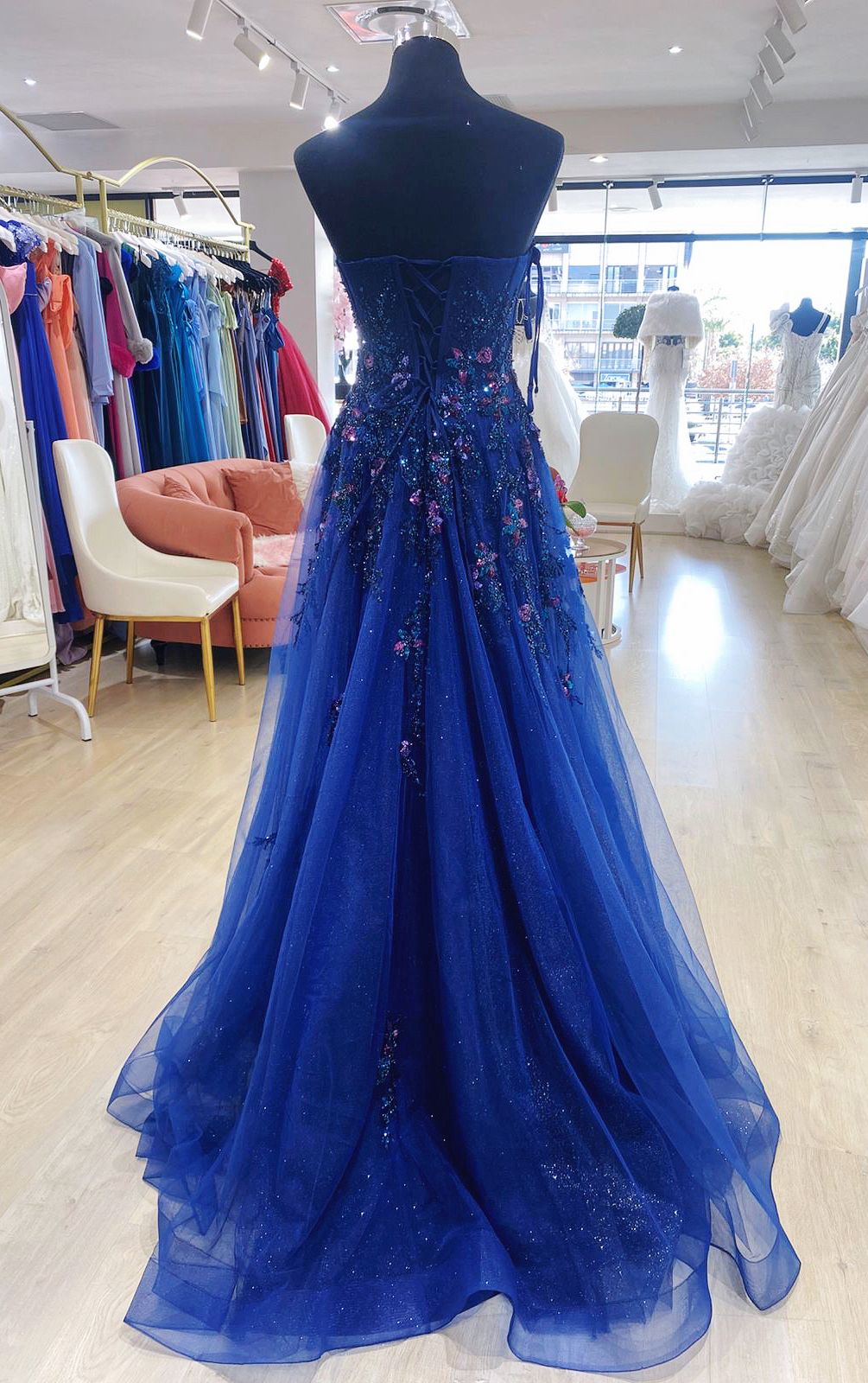 Navy blue sparkling A-line evening dress - Image 4