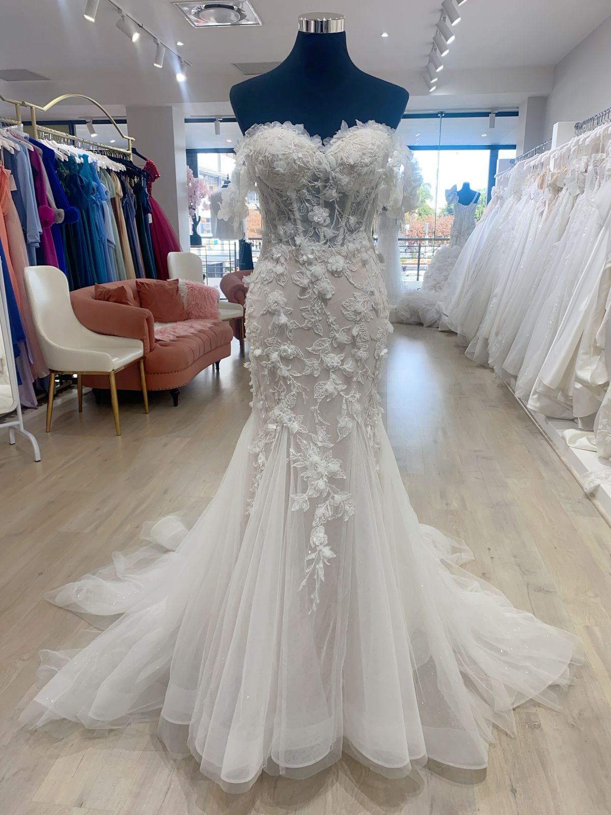 Melania, lace detailed mermaid wedding dress with off shoulder sleeves