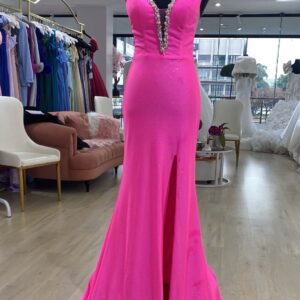 Pink evening dress with pearl detailing