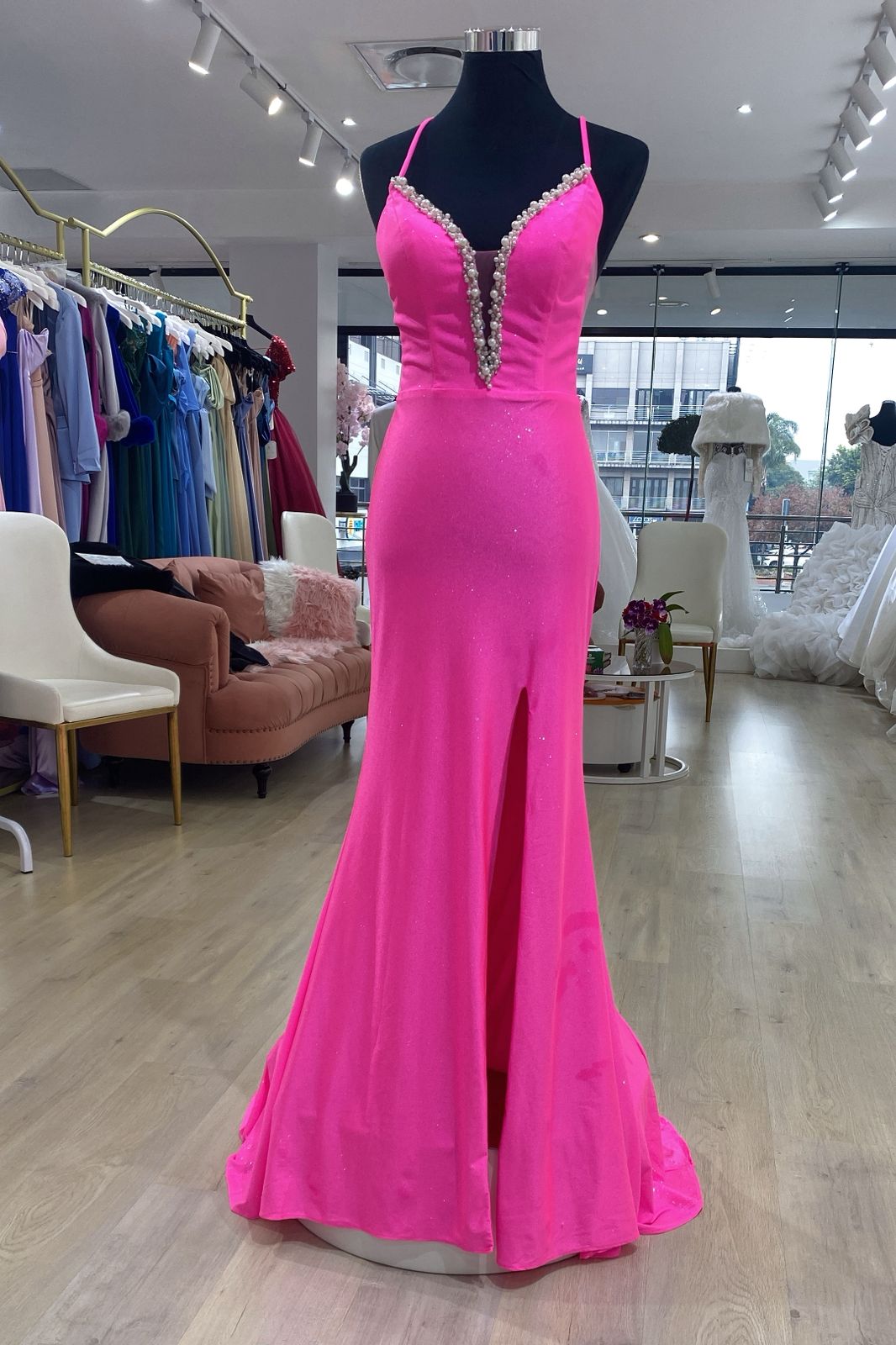 Pink evening dress with pearl detailing