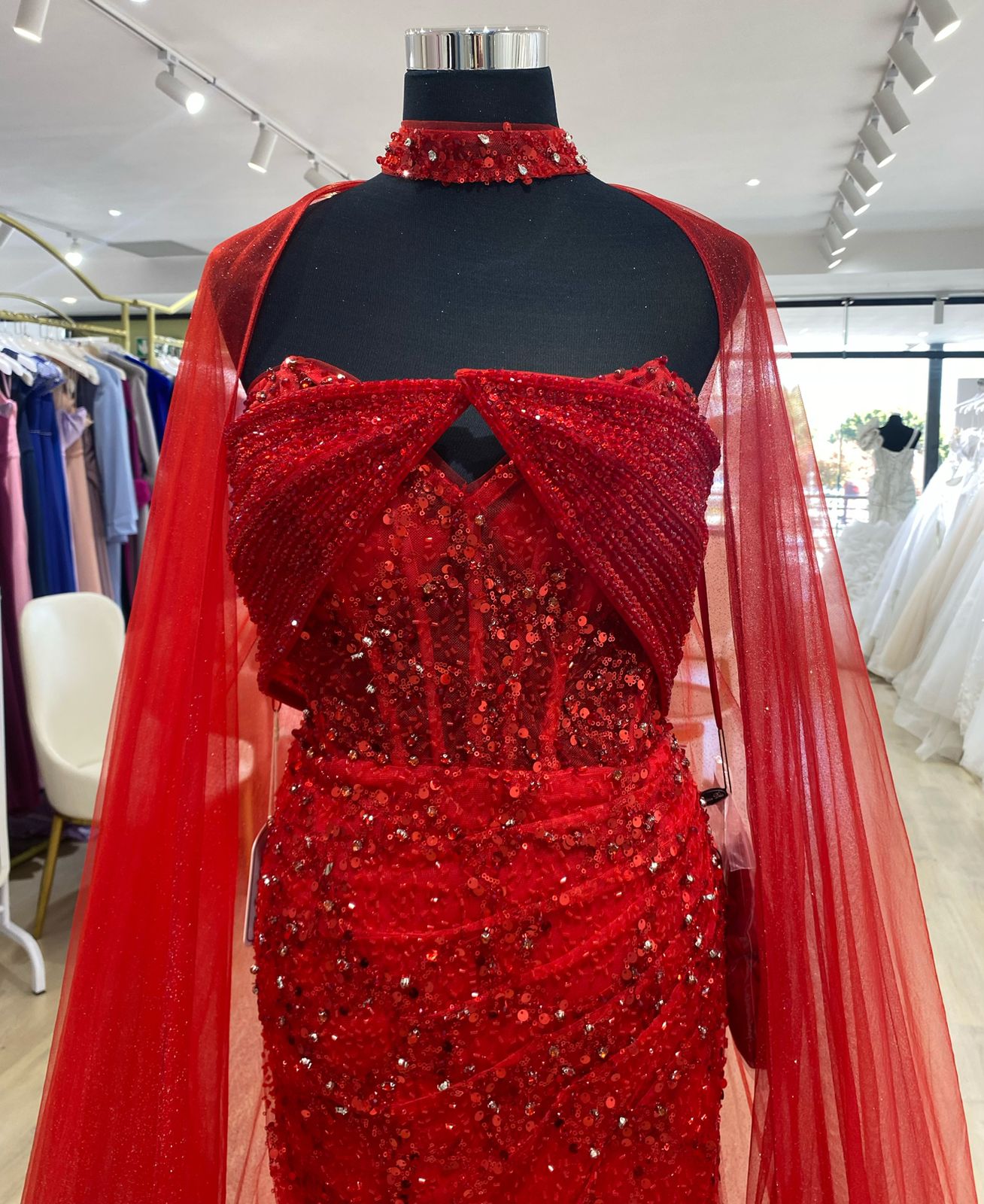 Red beaded evening dress with cape. - Image 3