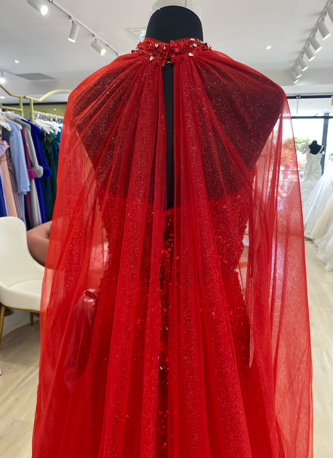 Red beaded evening dress with cape. - Image 5