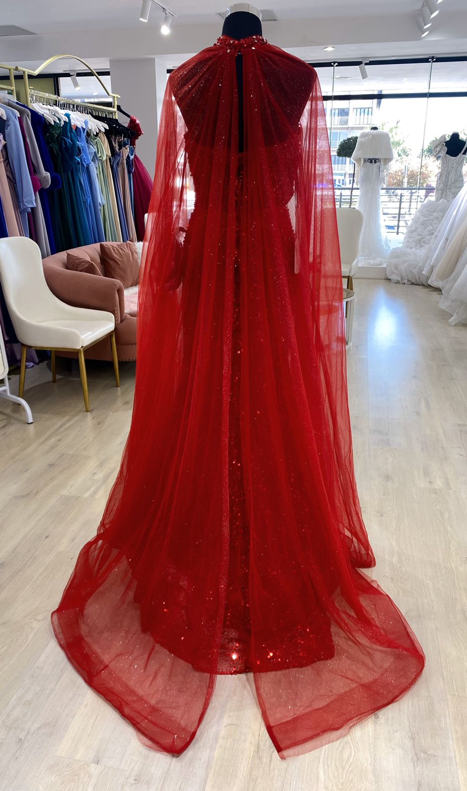 Red beaded evening dress with cape. - Image 6