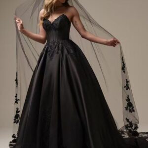 Althea, satin lace detailed off-shoulder sleeves wedding gown.