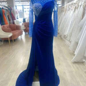 Long pearl detailed sleeves , side slit evening dress