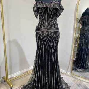 Black beaded mermaid evening dress with off-shoulder sleeves