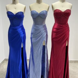 Flower beaded corset bodice satin evening dress