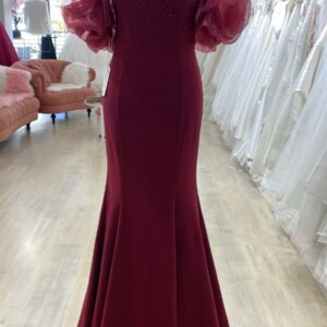 Burgundy boob-tube pearl detailed evening dress