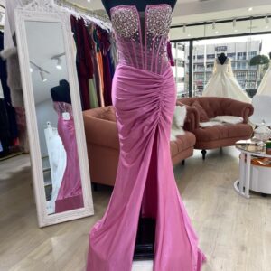 Sparkling satin pink evening with diamente beaded bodice