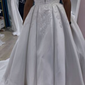 Candice, Mikado satin ballgown off shoulder sleeves with lace detail.