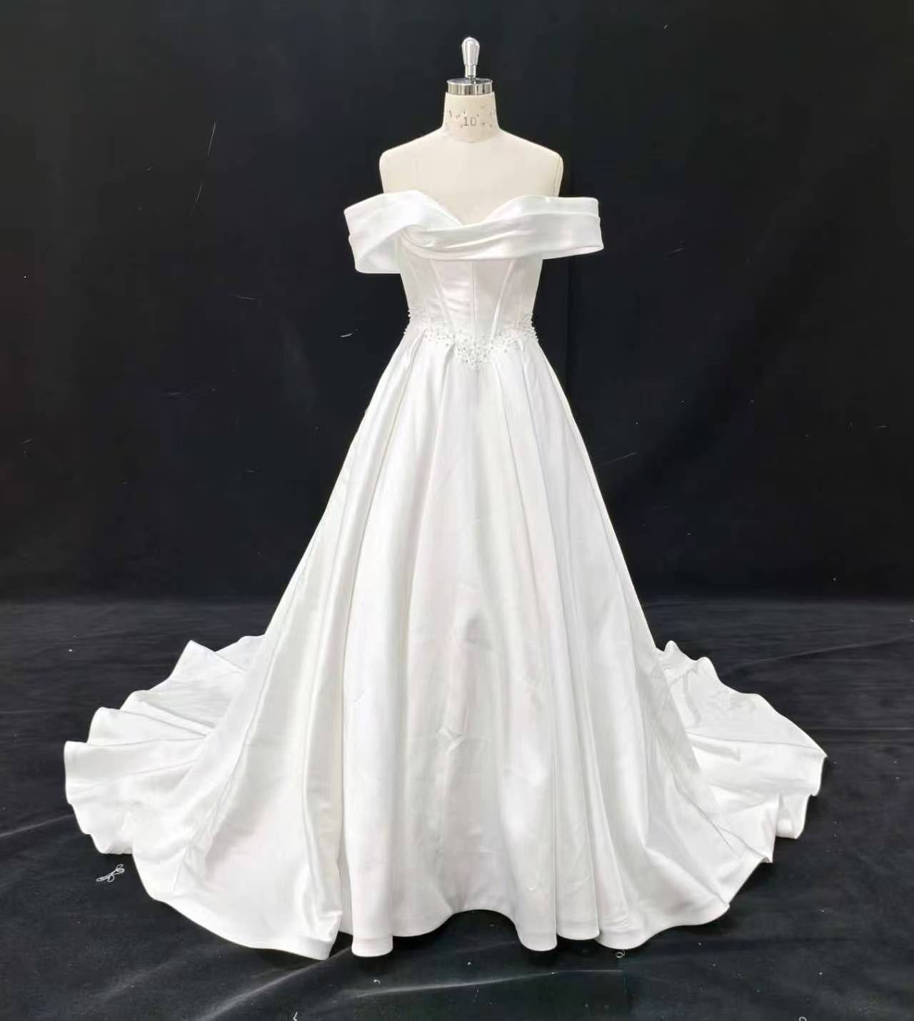 (Rental) Careen , satin corset bodice off-shoulder pearl details ballgown wedding dress