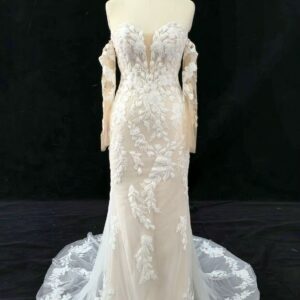 Malika, lace detailed mermaid wedding dress with off-shoulder sleeves