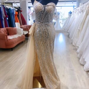 Champagne pearl detailed evening dress, off-shoulder sleeve